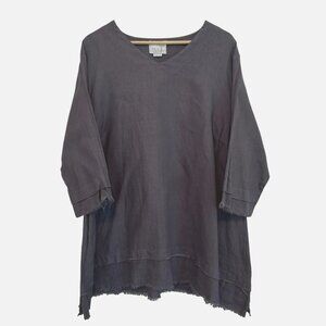 Womens Small Dark Gray Linen Relaxed Artisan Boho Raw Hem Linen Casual Tunic Top